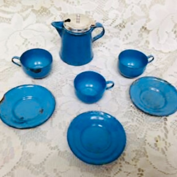 Toys Vintage 8pc French Blue Enamelware Childs Tea Set With Silver